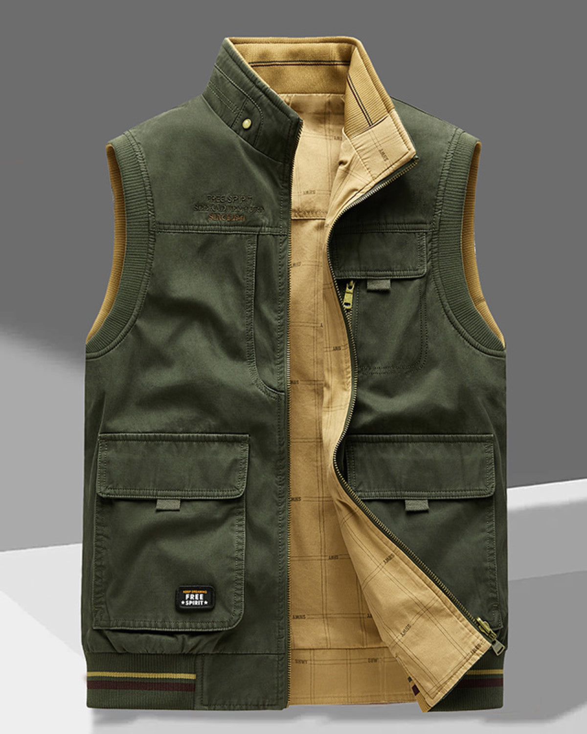 Gilet Uomo Multitasche con Zip Verde Militare