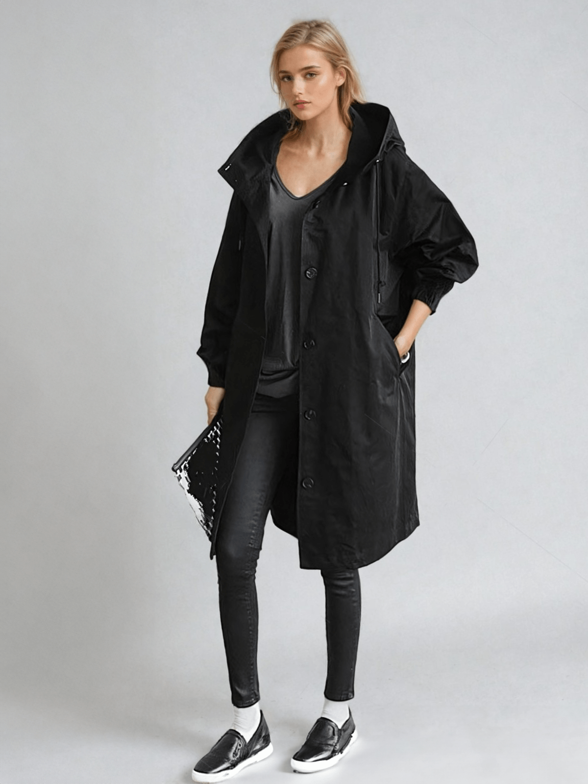 Hooded long trench coat in black