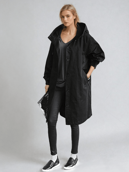 Hooded long trench coat in black