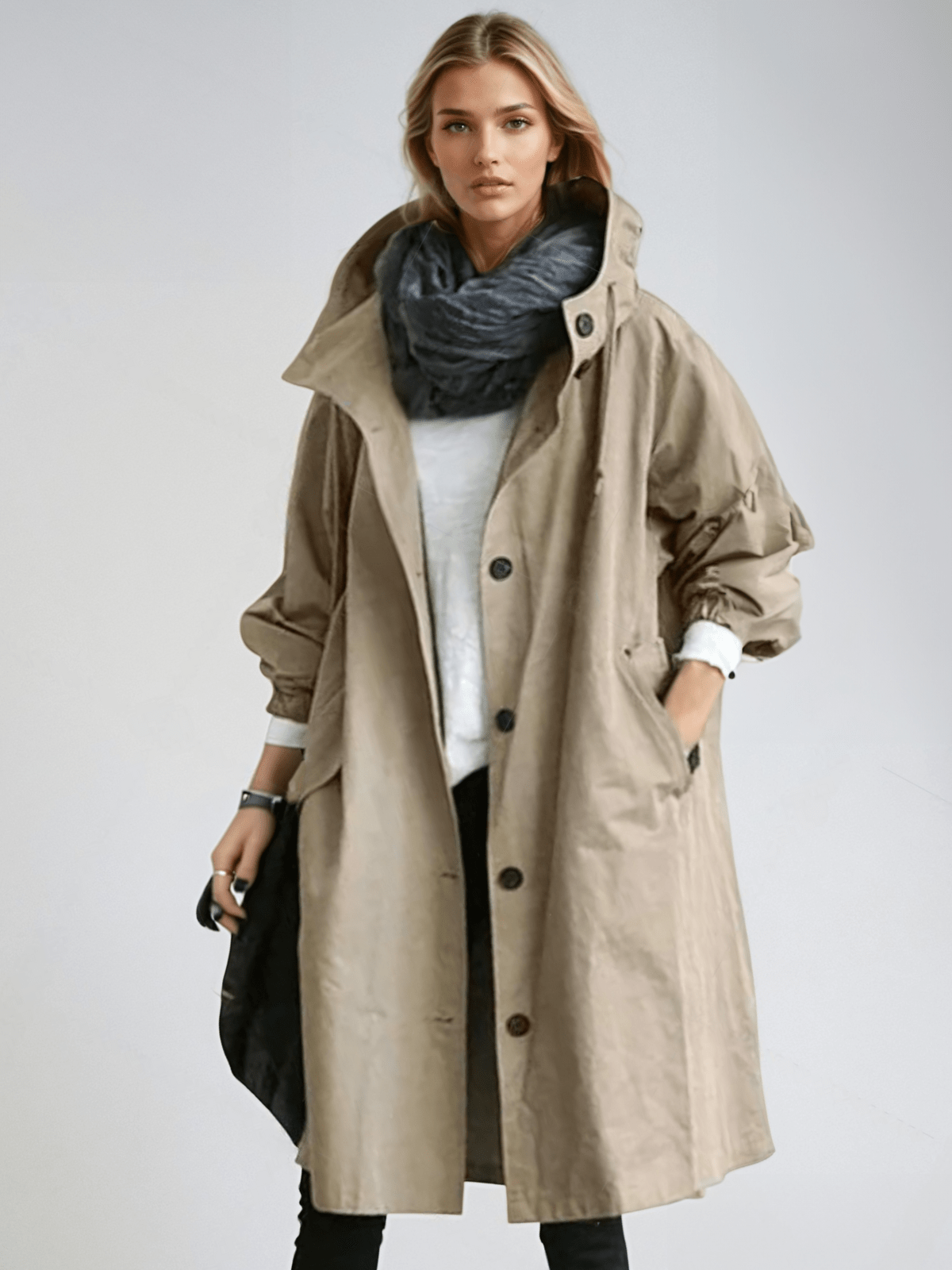Hooded long trench coat in brown