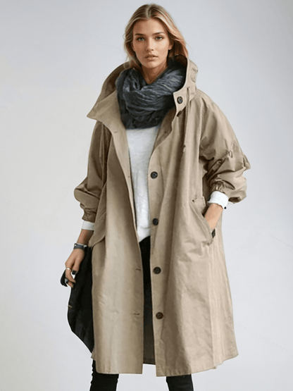 Hooded long trench coat in brown