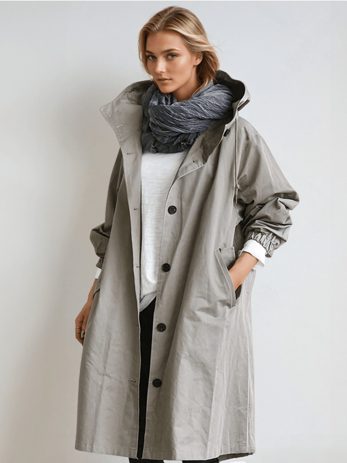 Hooded long trench coat in grey