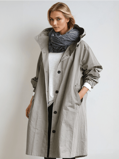 Hooded long trench coat in grey