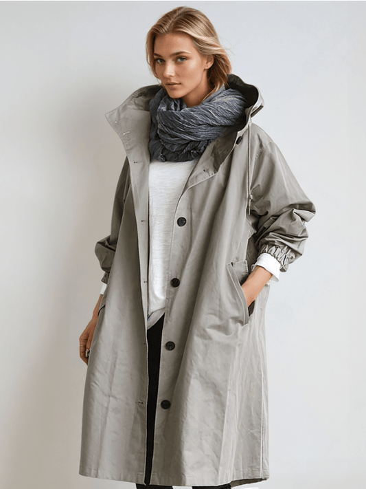 Hooded long trench coat in grey