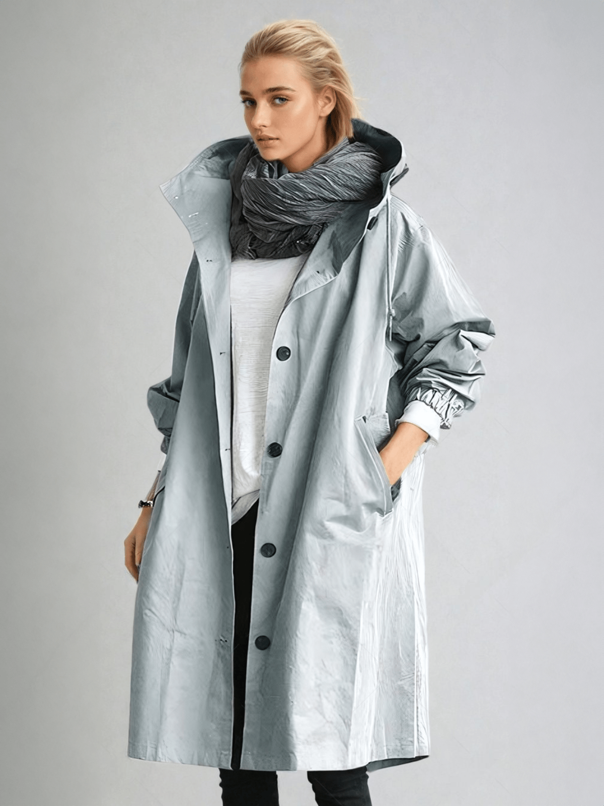 Hooded long trench coat in light blue