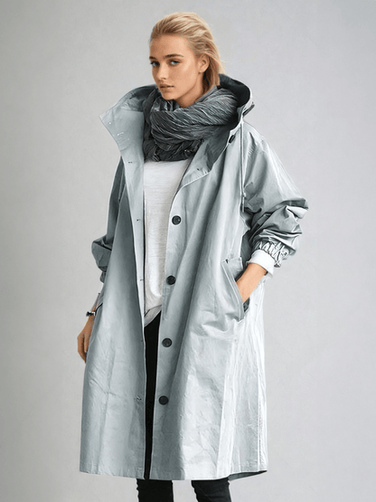 Hooded long trench coat in light blue