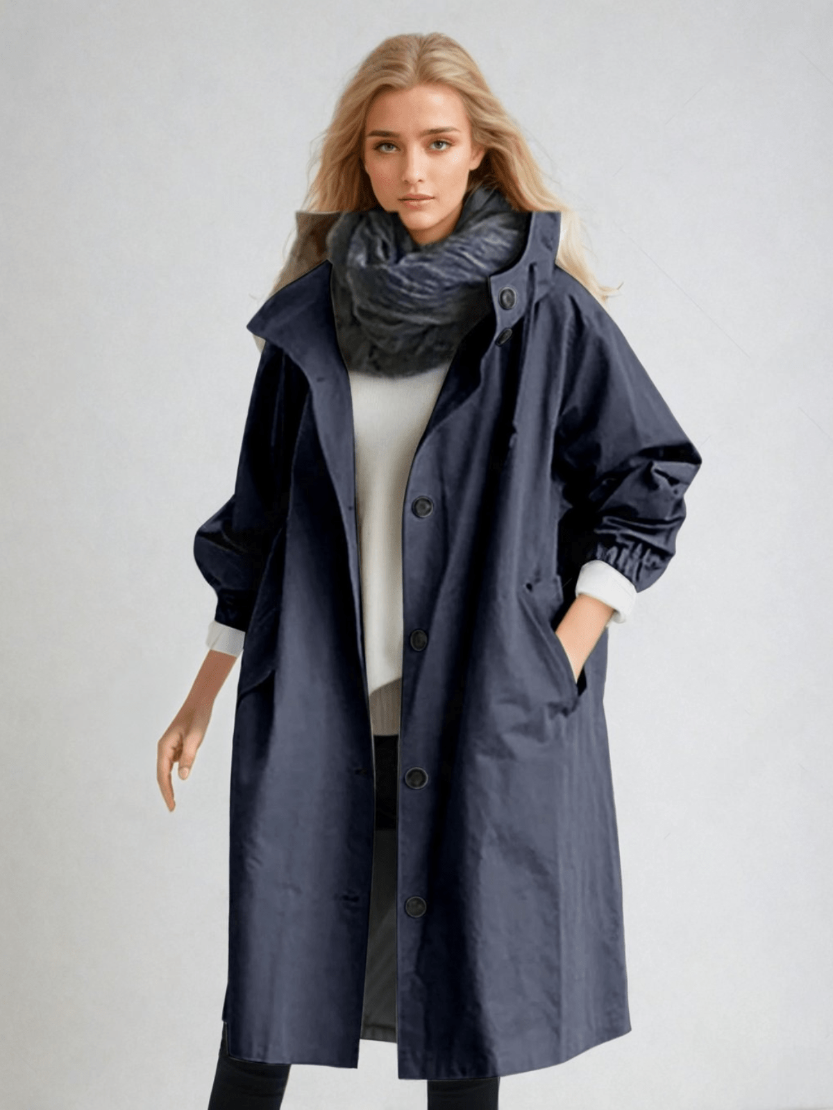 Hooded long trench coat in navy blue