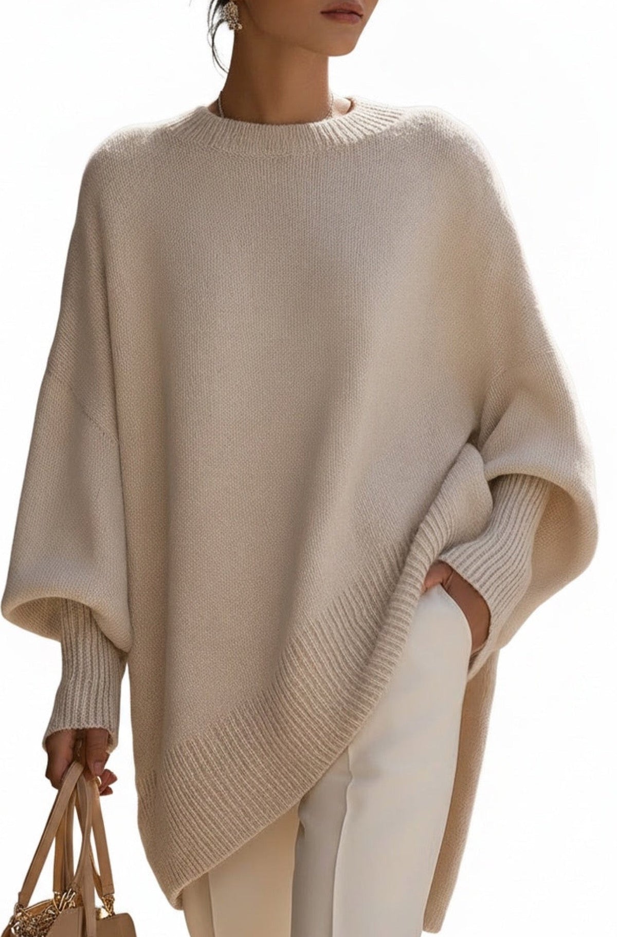 Maglione oversize donna a girocollo con maniche a pipistrello